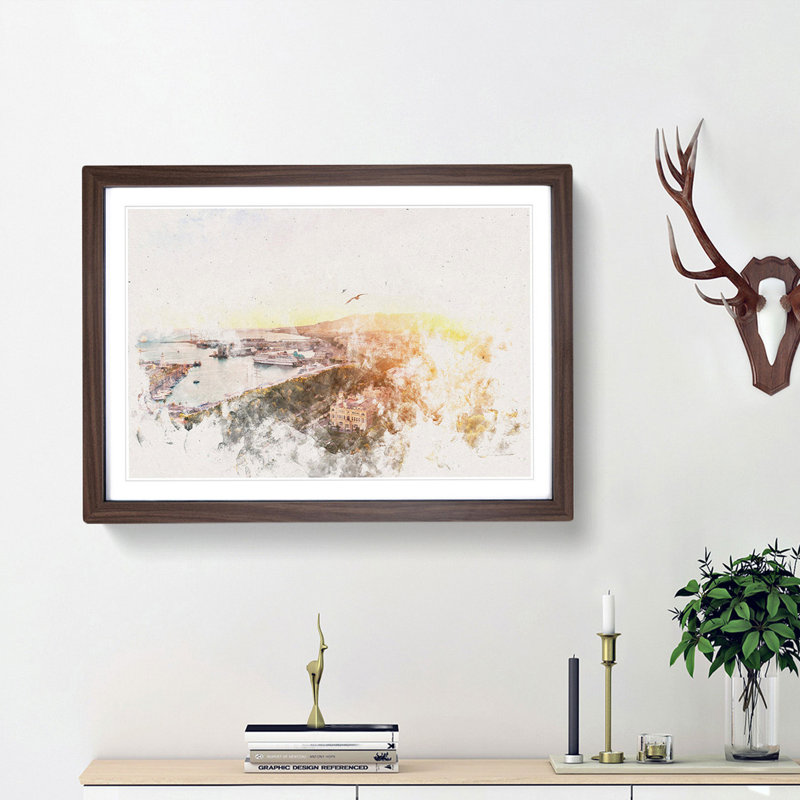 Malaga Skyline in Spain Watercolour - Picture Frame Graphic Art Print, 45cm H x 63cm W x 2cm D, Walnut Framed