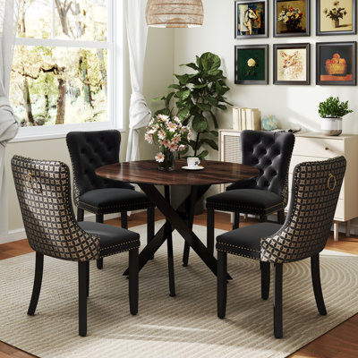 Round Wood Dining Set with Tufted Dining Chair