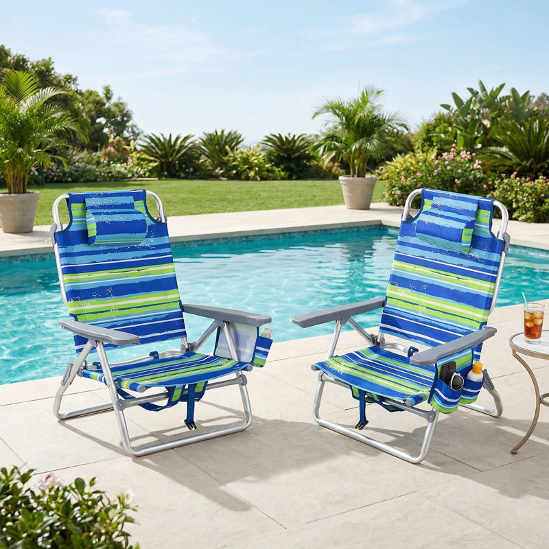 Ensemble de 2 fauteuils inclinables portatifs pliables pour la plage, dossier réglable à 5 positions et appui-tête rembourré doux, convenant à la plage et au camping