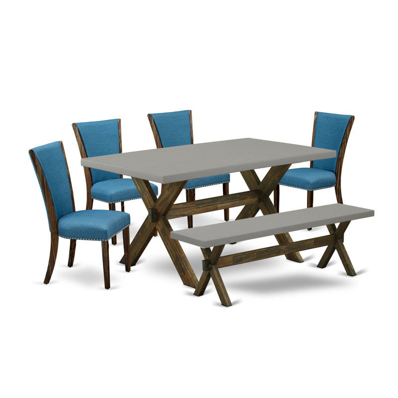 6 Piece Dining Table Set Contains a Rectangle Dining Room Table with X-Legs and 4 Blue Color Linen Fabric Parson Chairs with a Bench, Distressed Jacobean Finish