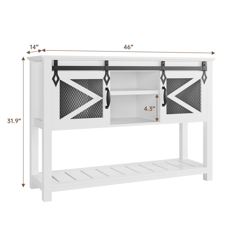 Farmhouse Entryway Table With Sliding Barn Doors, Sofa Table With Storage And Open Shelf, Console Tables, White