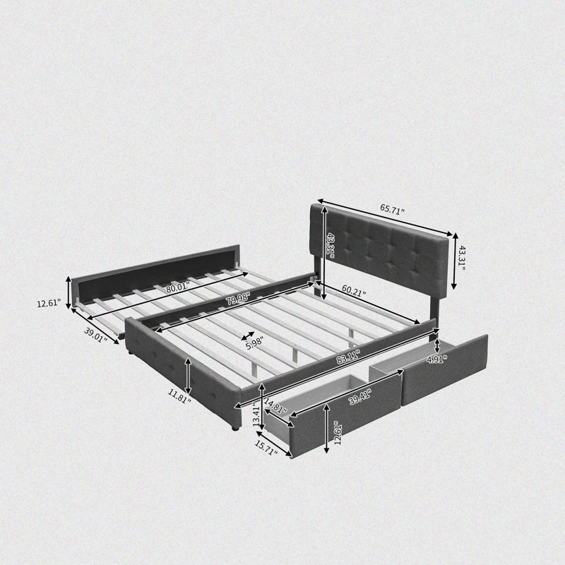 Modern Minimalist Upholstered Platform Bed With Two Drawers And A Hidden Pull-Out Bed, Dark Grey