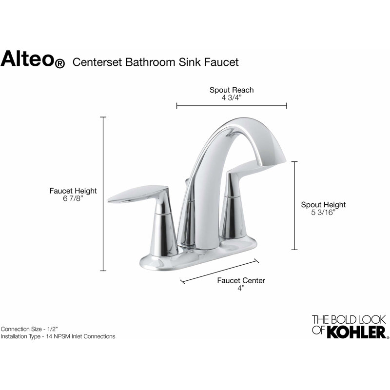 Kohler Alteo Centerset 4" Bathroom Faucet with Pop-Up Drain Assembly, 2-Handle Bathroom Sink Faucet, 1.2 gpm