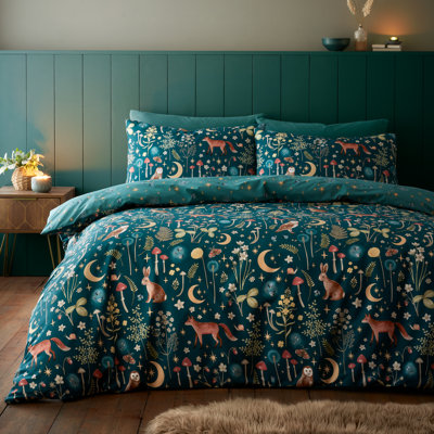 Enchanted Twilight Animals Reversible Duvet Cover Set – Woodland Fox, Owl & Rabbit Design