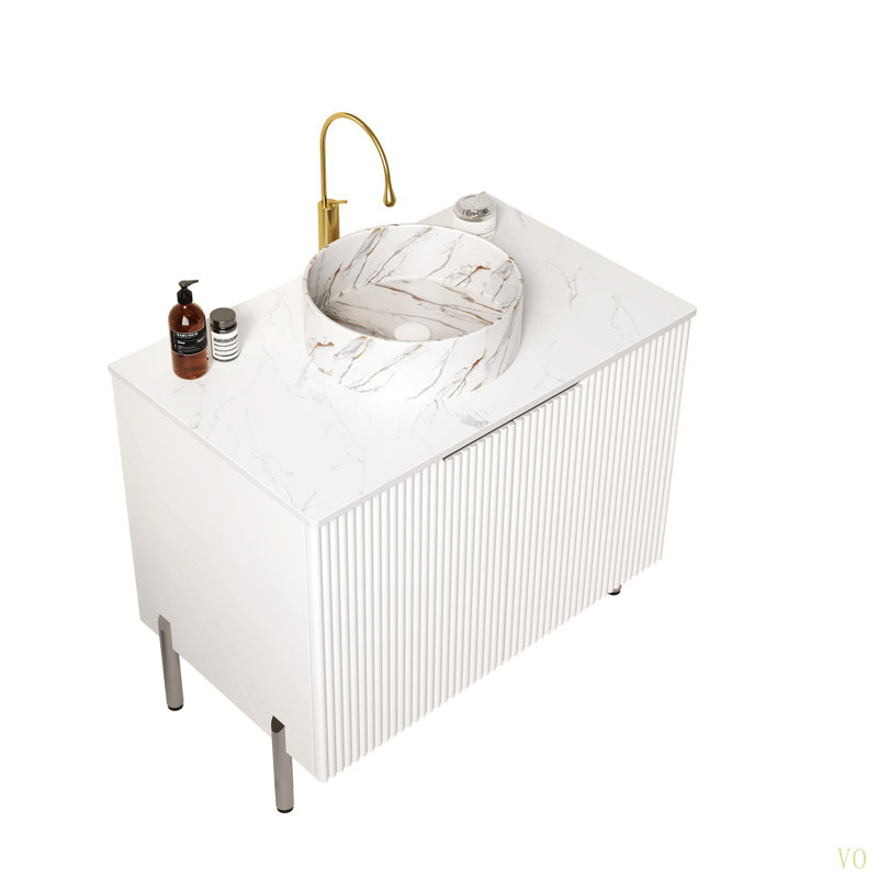 Meuble-lavabo de salle de bain 30 po avec lavabo, meuble de rangement autoportant avec lavabo rond en céramique à 2 portes avec motif en pierre et comptoir de Carrare, sans robinet