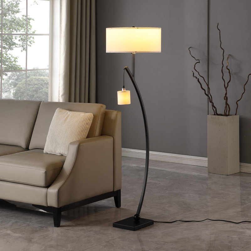 59" Gold Dual Arc Floor Lamp With White Drum Shade, Black