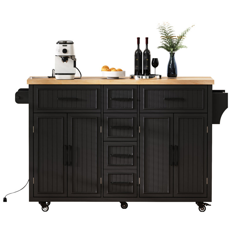 Kitchen Island with Drop Leaf and Built-In Charging Station, Black, 36'' H X 56.5'' W X 29.5'' D