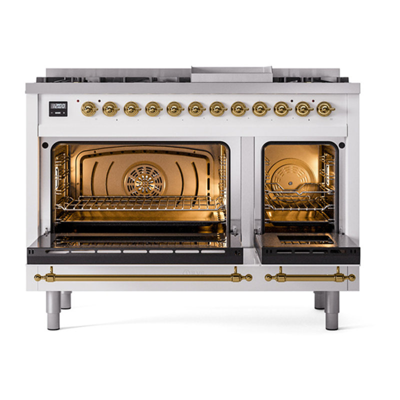 ILVE Nostalgie II 48 in Dual Fuel Range, 8 Burner, Griddle, White/Brass, Natural Gas