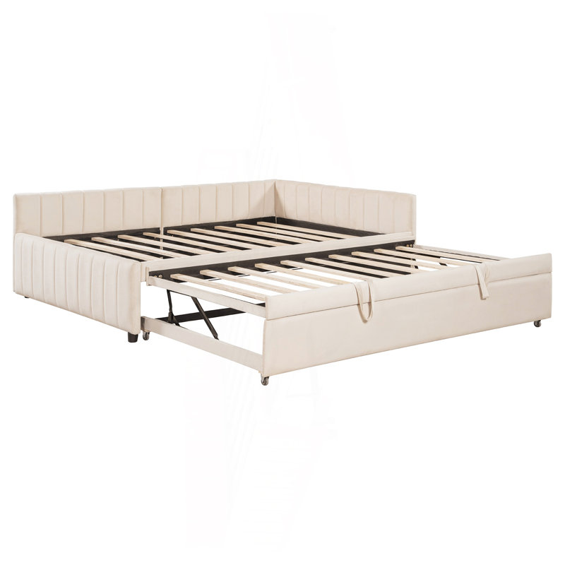 Lit de jour double rembourré en L avec lit gigogne escamotable, beige