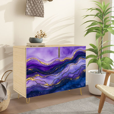 Narrow 35.4'' Wide Sideboard Buffet Cabinet - 2-Door Accent Storage Cabinet With abstract marbling purple marble golden veins fake Print And Metal Legs