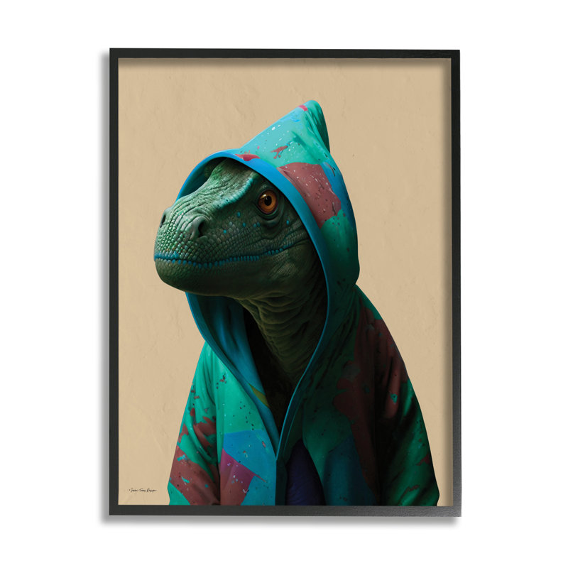 Ba-991 - Dinosaure encadré à capuche élégant, impression sur bois, Giclée encadrée noir minuit, H 30 po x l 24 po x P 1,5 po