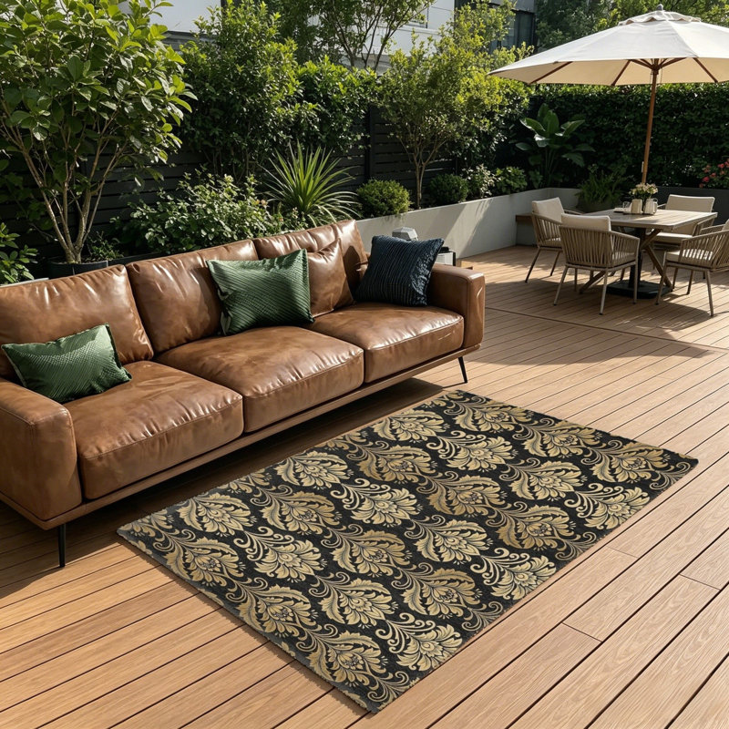 Black Gold Damask 5' X 7' Area Rug, For Formal Living Room, Outdoor Garden