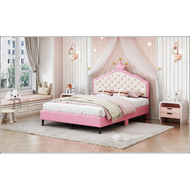 Full Size Lovely Crown Fantasy PU Leather Princess Bed With Tufted Headboard, Pink And Cream, Full