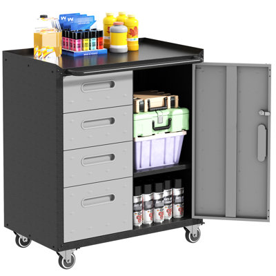 Metal Cabinet With Wheels For Garage, Office, Home. Raised Top, 4 Side Drawers, Lockable Storage. Adjustable Shelves. Black/Gray Tool Home Organization. 360 Wheels, Top.
