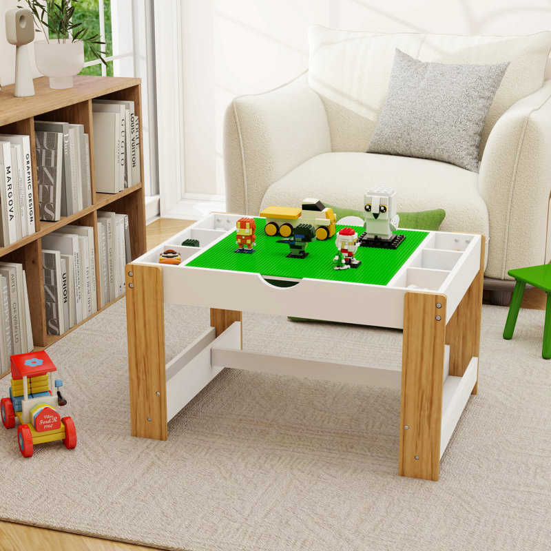Table de jeu pour enfants 2 en 1 avec 7 compartiments de rangement, compatible avec le bloc de construction Lego, mobilier de jeu d'apprentissage moderne pour activités - blanc