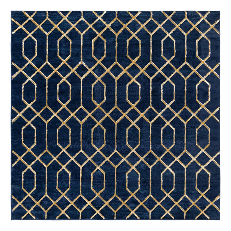 Glam Navy Blue Gold Area Rug, Square 7'10"
