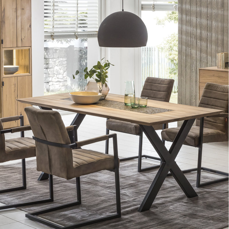 Xavier Oak Solid Wood Top Metal Base Dining Table, H76 x L210 x W90cm