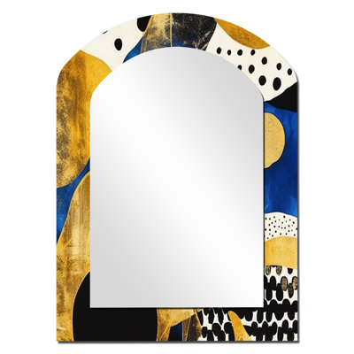 Maelynn, motif abstrait avec textures bleues et dorées - IIIe, miroir mural de forme unique minimaliste