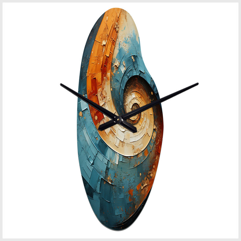 Orange Teal Abstract Spirals I - Abstract Spirals Curved Metal Wall Clock, Orange Asymmetrical Wall Clock Print, Large