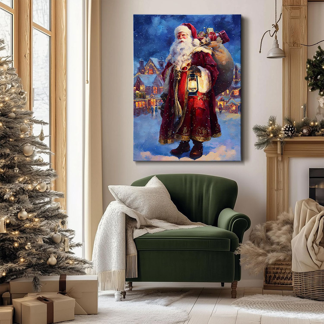 Vintage Santa Claus Delivers Gifts Canvas Wall Art - Rustic Framed Christmas Canvas Prints For Living Room, Cozy Winter Wall Decor, Ideal Christmas Gi