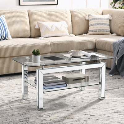 Rectangle Tempered Glass Coffee Table For Livingroom, Tea Table For Waiting Room, Modern Side Coffee Table With Mirrored Stainless Leg, Glass Tabletop With Lower Shelf,20"D X 40"W X 18"H,Silver