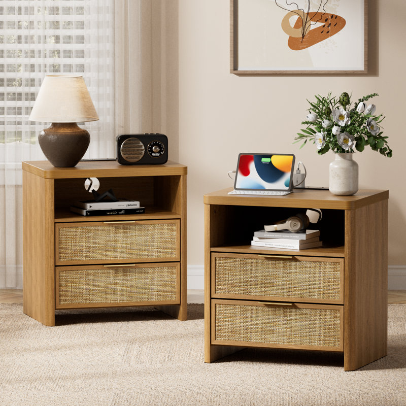 Ensembles de chambre à coucher en rotin, commode à 6 tiroirs et tables de chevet à 2 tiroirs, commode moderne de 47,2 po de largeur et conception à bord arrondi pour chambre à coucher, table de chevet avec USB et station de recharge de type C et prises, chêne naturel