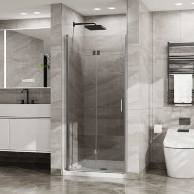 34X72 Inch Bifold Frameless Glass Shower Door, Tempered Clear Glass, Pivot Swing, Foldable, Space-Saving Design, Shower Door