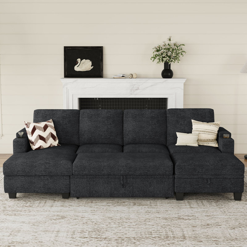 Canapé-lit modulaire avec housse de coussin Anjana, Chenille grise foncée
