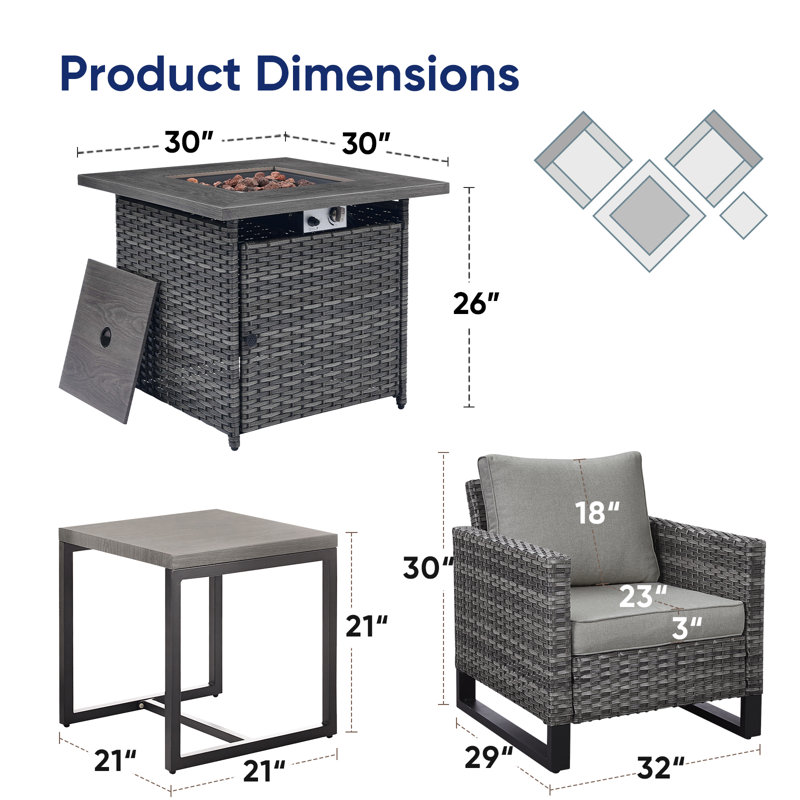 Naresa 4-Piece Outdoor Furniture Set  2 Patio Chairs, Fire Pit Table & Side Table, All-Weather PE Wicker, Gray