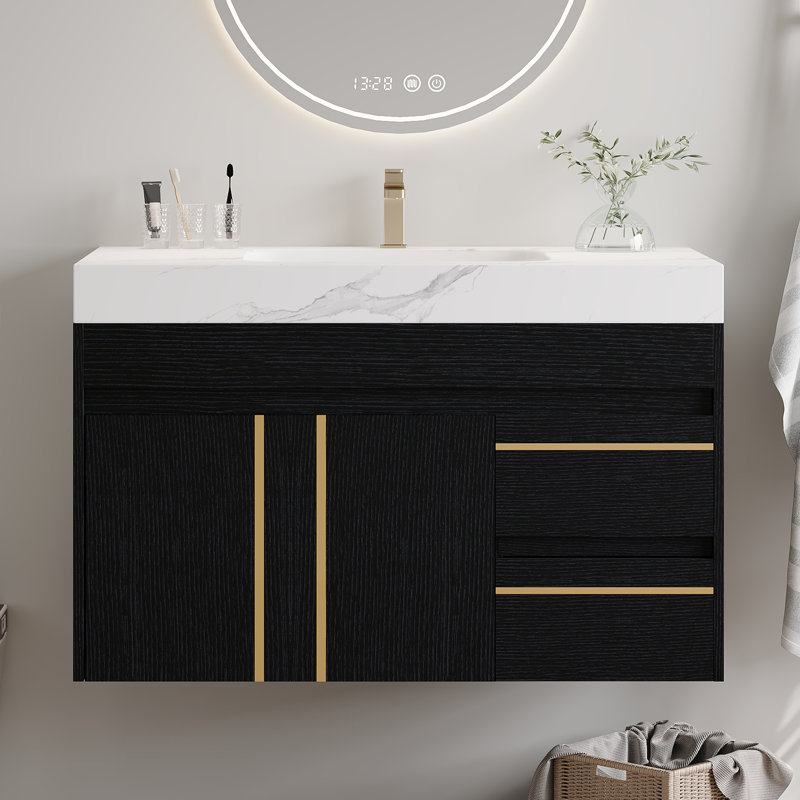 Meuble-lavabo flottant moderne 36 po avec comptoir en pierre frittée et lavabo en céramique, armoire et tiroirs, fixation murale pour petite salle de bain