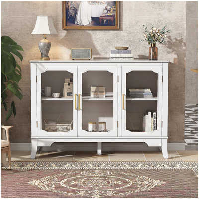 Elowen Modern Farmhouse Wood & Glass 3-Door Storage Cabinet With Adjustable Shelves