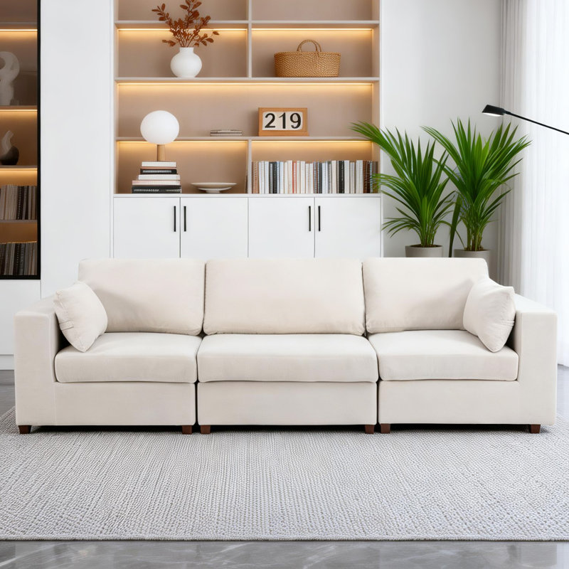 Canapé modulaire rembourré 3 pièces 3 pièces, Chenille beige, H 26 po x l 113,3 po x P 37,8 po