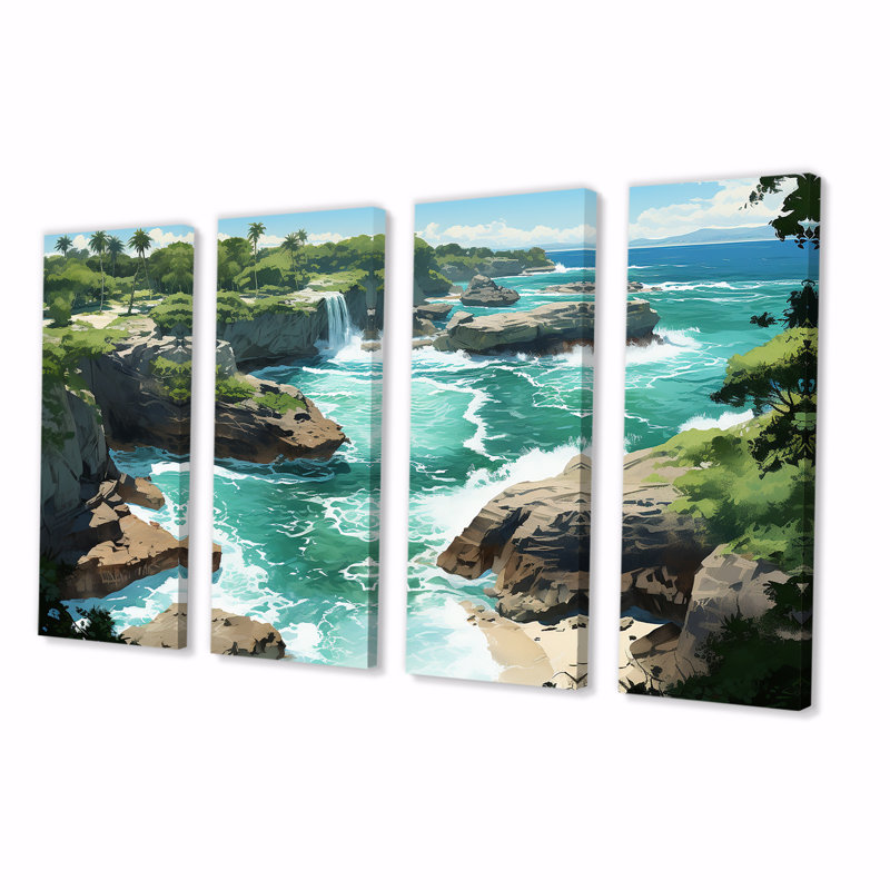 «Island Serenity Coastal A aérienne View - Coastal Tropical», art mural 4 pièces, H 32 po x l 64 po