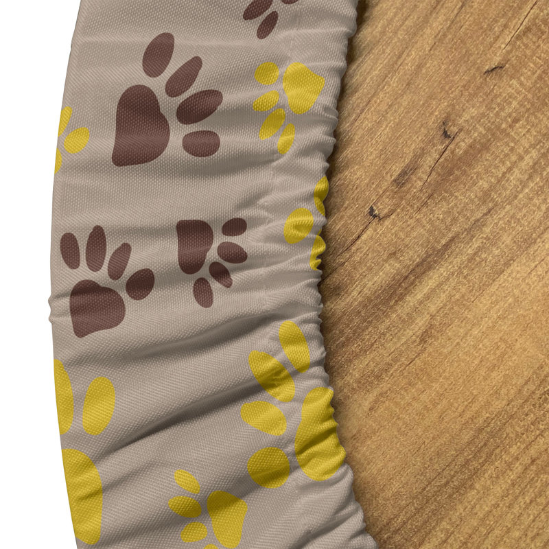 August Grove® Paw Print Fitted Round Tablecloth Warm Taupe Brown Mustard, 67.72" Round