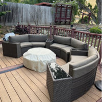 Caradog Wicker 6 - Person Patio Conversation Sets with Cushions Coffee Table and Fire Pit Latitude Run Frame Color/Cushion Color: Brown Frame/Beige C