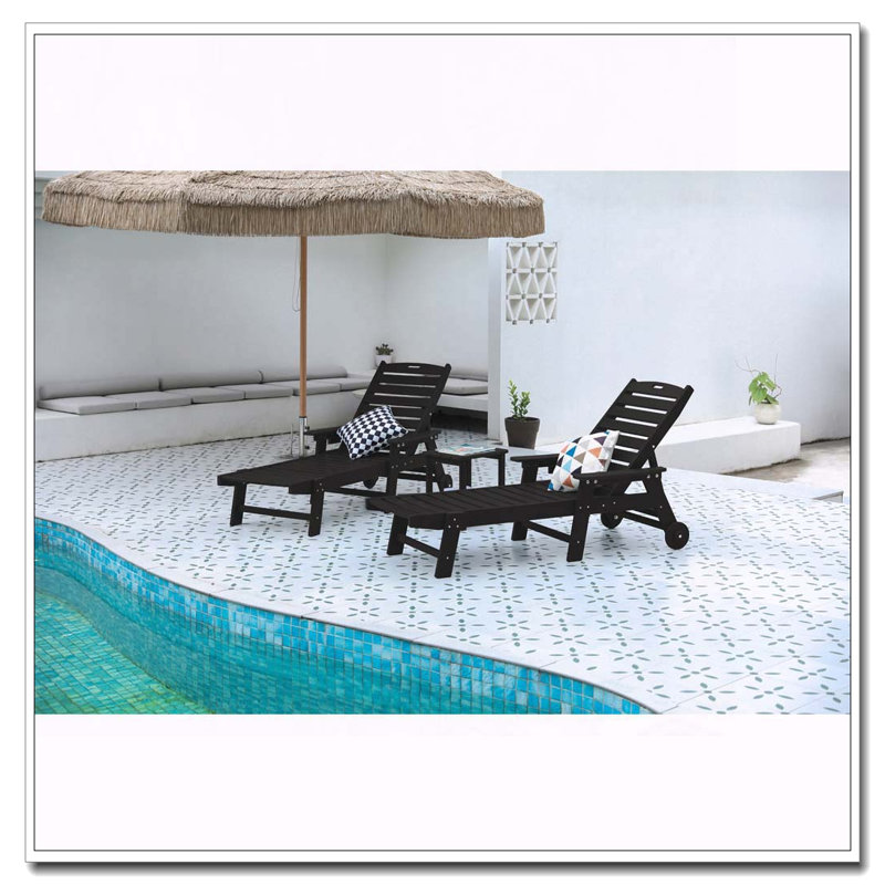 Ensemble de chaise longue surdimensionnée 3 pièces avec table d'appoint, roues et porte-gobelet, Noir