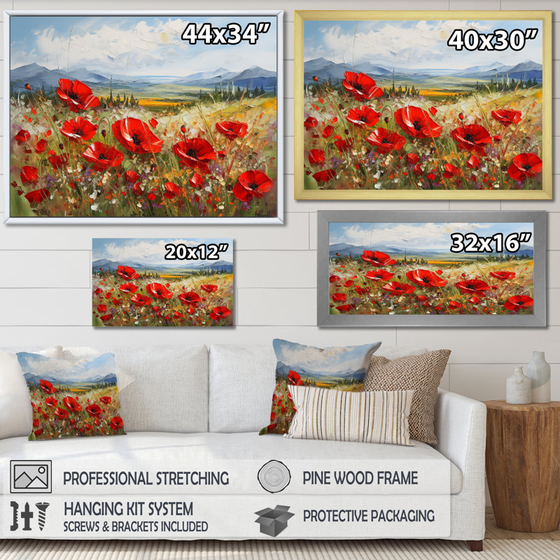 «Red Poppies Field In Mountain I», reproduction sur toile, Cadre simple noir, H 24 po x l 32 po x P 1 po