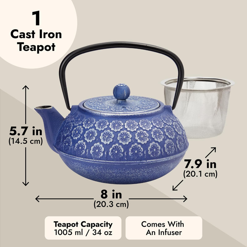 Blue Floral Cast Iron Teapot with Stainless Steel Infuser, 34oz
