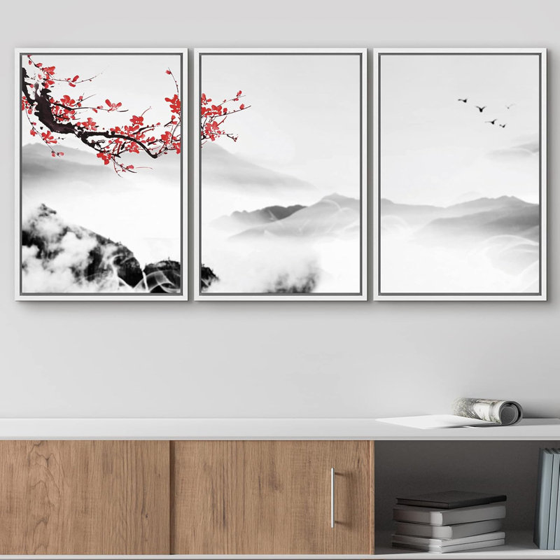 Chinoiserie, cerisier rouge, fleurs sur une chaîne de montagnes brumeuse, nature sauvage, illustrations, art moderne, culture