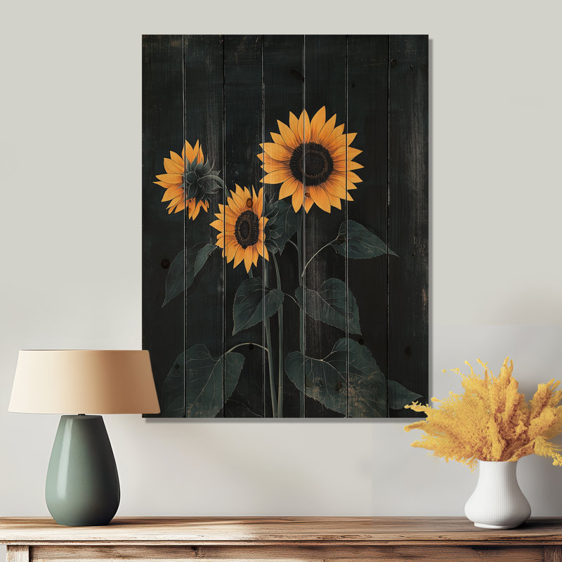 Sunflowers Midnight Grace - Sunflowers Wood Print - On Natural Pine Wood, 20" H x 10" W x 0.78" D
