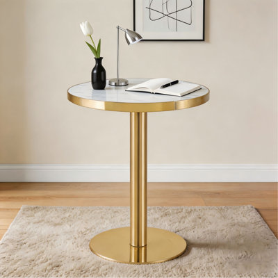 Panneau de fibres à densité moyenne rond de 23,6 po recouvert d'un comptoir de peinture UV, texture marbre, bordure en acier inoxydable, pieds de table en métal, table basse moderne et luxueuse.