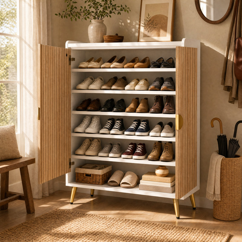Armoire à chaussures avec tablettes réglables et portes, Bois clair/blanc