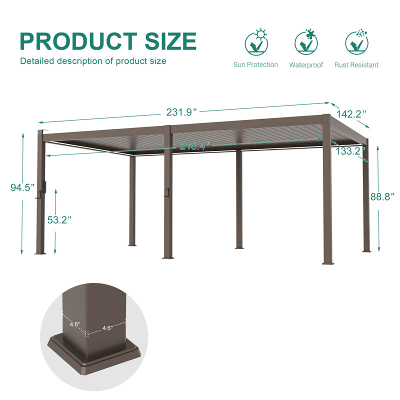 All Aluminum Louvered Roof Pergola with Solar LED, 12x20ft