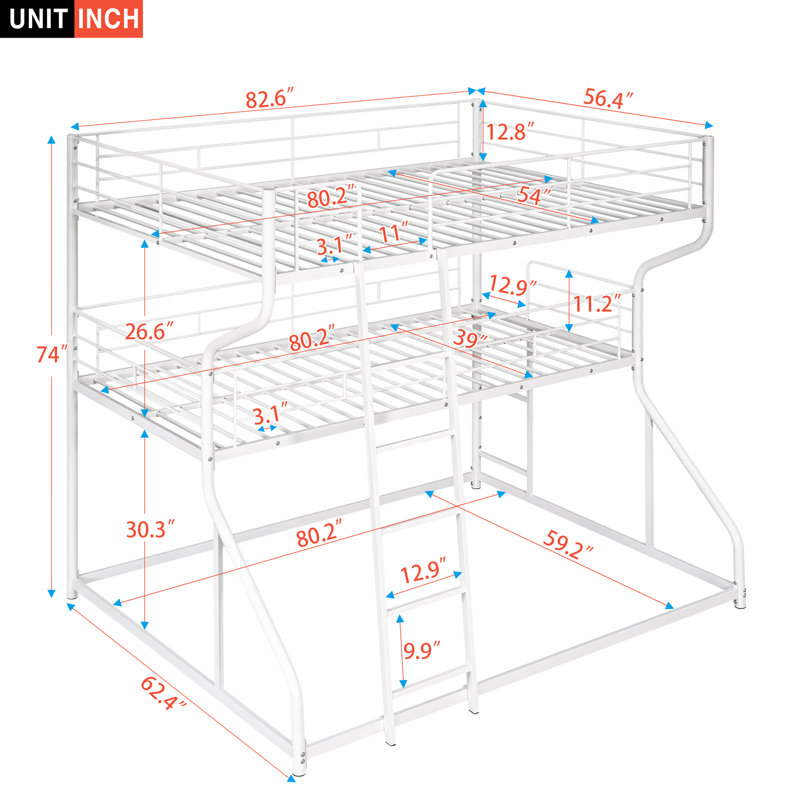 Hollen Kids Extra Long Full Over Extra Long Twin Over Queen Bunk Bed, White
