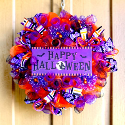 Halloween Deco Mesh Wreath with Witch Sign in Purple, Orange & Black