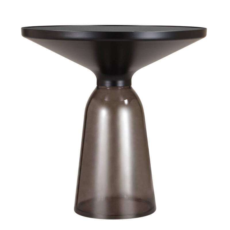 19" Round Side End Table Glass/Sintered Stone Top With Powder-Coated Black Rim And Tempered Glass Base, Gray, Black