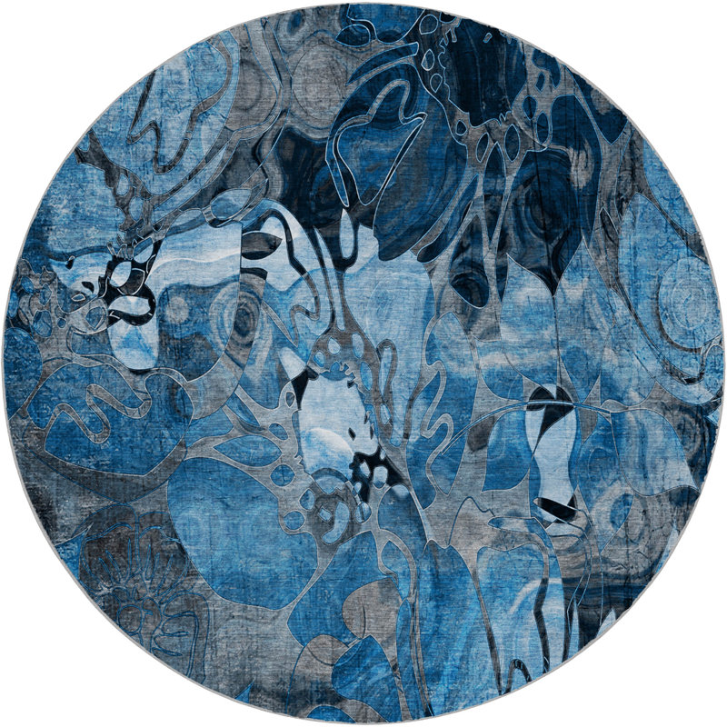 Premium Machine Washable Dream Shag ADS558 Floral Rug, Blue, 8' Round