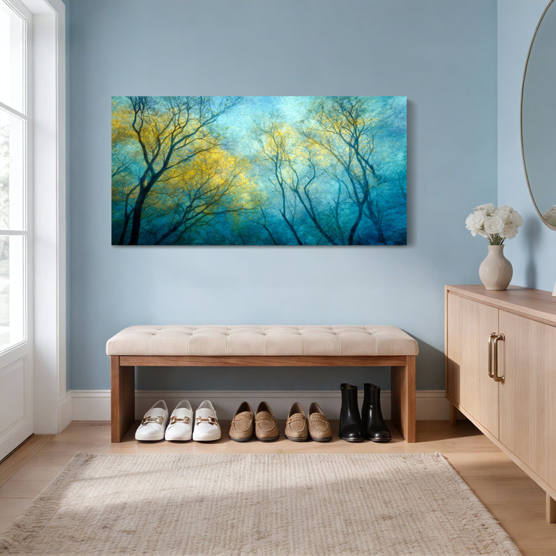 Abstrait, arbres avec tons jaunes et bleus, reproduction d'art sur toile tendue sur toile, ensemble de 1, H 12 po x l 36 po