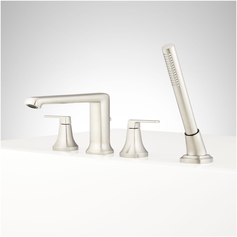 Sefina 4-Hole Roman Tub Faucet and Hand Shower with Rough-In Valve - Brushed Nickel, Brushed Nickel