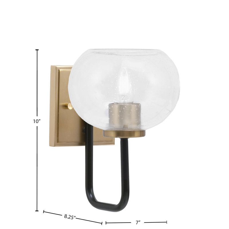 Applique murale 1 lumière Amarmula, noir mat et laiton vieilli, verre à bulles transparent de 7 po, Noir/laiton
